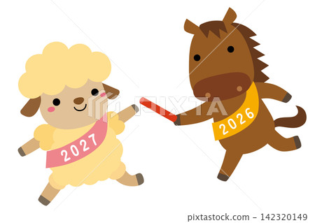 Illustration of the baton being passed from the Year of the Horse to the Year of the Goat in the Chinese zodiac / sash Illustration of the baton being passed from the Year of the Horse to the Year of the Goat in the Chinese zodiac / sash 142320149