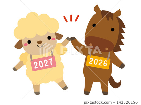 Illustration of the zodiac sign changeover between the Year of the Sheep (2027) and the Year of the Horse (2026) - high-five/bib number Illustration of the zodiac sign changeover between the Year of the Sheep (2027) and the Year of the Horse (2026) - high-five/bib number 142320150