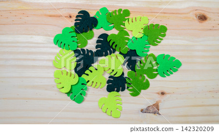 Felt Monstera leaf cutouts arranged on a natural wooden background with copy space Felt Monstera leaf cutouts arranged on a natural wooden background with copy space 142320209