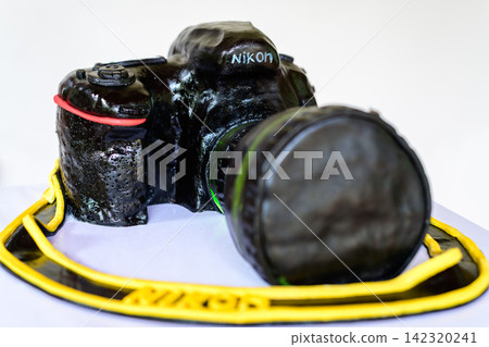 Camera-shaped birthday cake with realistic photography details 142320241