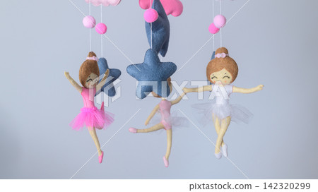 A charming handmade nursery cot mobile with pink and blue ballerina dolls, fluffy clouds, stars, moons, and soft hanging decorations A charming handmade nursery cot mobile with pink and blue ballerina dolls, fluffy clouds, stars, moons, and soft hanging decorations 142320299