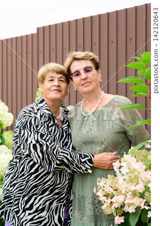 Authentic portrait of two smiling senior russian sisters 80 and 75 years old looking at camera near blooming hydrangea shrubs in a summer garden in Russia Authentic portrait of two smiling senior russian sisters 80 and 75 years old looking at camera near blooming hydrangea shrubs in a summer garden in Russia 142320643