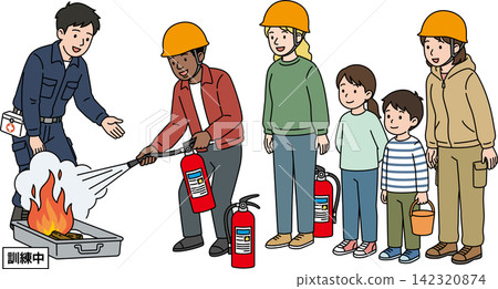A disaster preparedness illustration of a family conducting fire extinguishing training with foreigners. A disaster preparedness illustration of a family conducting fire extinguishing training with foreigners. 142320874