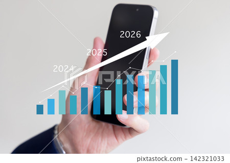 2026 年的商業成長圖，以智慧型手機和向上傾斜的曲線圖表示。 142321033