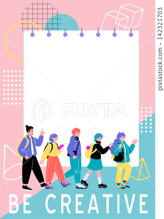 以「BE CREATIVE」（發揮創意）為主題的海報設計，插圖描繪了五個年輕人行走（粉紅色）。 142321703