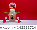 A photo of a real rice cake, "Kagami-mochi," placed on the left, on a red and white background, with a sanpo (pedestal) 142321724