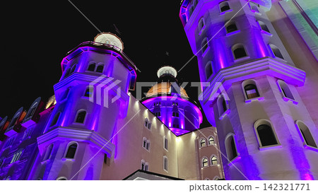 Bogatyr Hotel illuminated at night in Sochi Olympic Park, Russia Bogatyr Hotel illuminated at night in Sochi Olympic Park, Russia 142321771