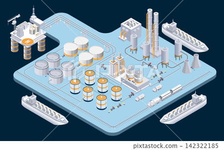 Isometric Oil and Gas Infrastructure with Offshore Platform, Refinery, Storage Tanks and Fuel Transportation Isometric Oil and Gas Infrastructure with Offshore Platform, Refinery, Storage Tanks and Fuel Transportation 142322185
