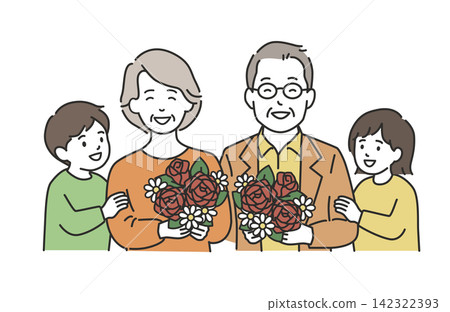 An illustration of a senior couple happily receiving a bouquet of flowers from their grandchild on Respect for the Aged Day. An illustration of a senior couple happily receiving a bouquet of flowers from their grandchild on Respect for the Aged Day. 142322393