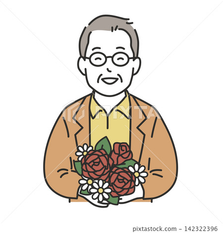 An illustration of a senior man smiling and happy, holding a bouquet of roses on Respect for the Aged Day. An illustration of a senior man smiling and happy, holding a bouquet of roses on Respect for the Aged Day. 142322396