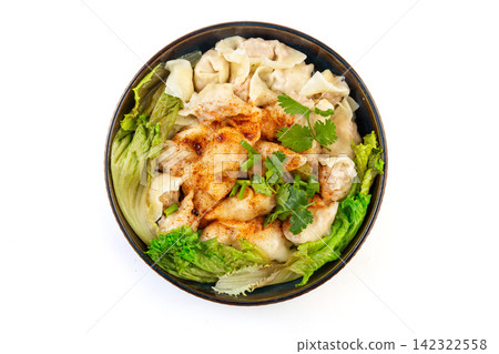 chinese wonton dumplings with chili oil garlic and lettuce chinese wonton dumplings with chili oil garlic and lettuce 142322558