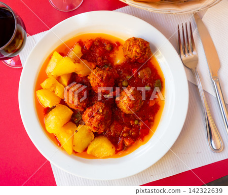 Albondigas, hot stew tomato soup with meatballs Albondigas, hot stew tomato soup with meatballs 142322639