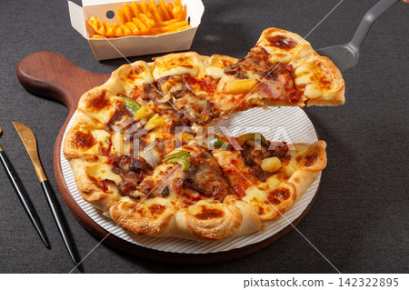wagyu Beef Pizza with Sausage Stuffed Crust and Vegetables wagyu Beef Pizza with Sausage Stuffed Crust and Vegetables 142322895