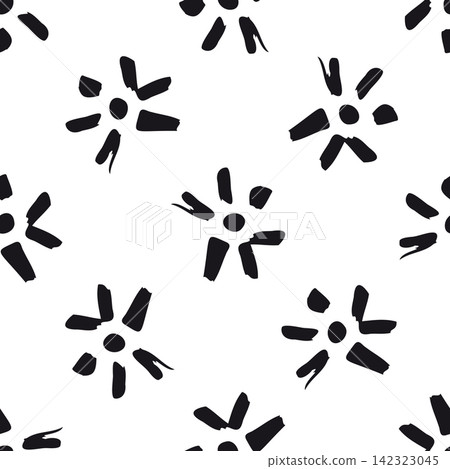 Hand drawn seamless pattern with abstract black flowers on white background 142323045