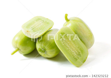 fresh Whole and Cut Light Green Apple Cucumber Isolated on White fresh Whole and Cut Light Green Apple Cucumber Isolated on White 142323212