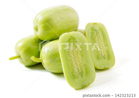 fresh Whole and Cut Light Green Apple Cucumber Isolated on White fresh Whole and Cut Light Green Apple Cucumber Isolated on White 142323213