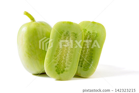 fresh Whole and Cut Light Green Apple Cucumber Isolated on White fresh Whole and Cut Light Green Apple Cucumber Isolated on White 142323215