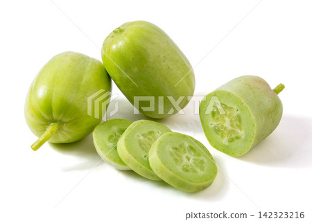 fresh Whole and Cut Light Green Apple Cucumber Isolated on White fresh Whole and Cut Light Green Apple Cucumber Isolated on White 142323216