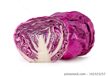 whole and Half Red Purple Cabbage Isolated on White whole and Half Red Purple Cabbage Isolated on White 142323257