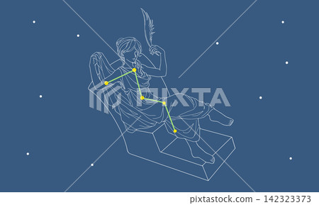 仙后座彩色線條畫插圖,描繪了漂浮在星空中的星座(星座圖像和星座線條)。 仙后座彩色線條畫插圖,描繪了漂浮在星空中的星座(星座圖像和星座線條)。 142323373