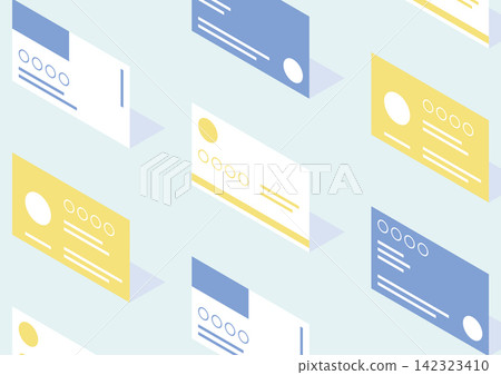 An isometric illustration (blue and yellow) showing business cards neatly arranged horizontally, perpendicular to the ground. An isometric illustration (blue and yellow) showing business cards neatly arranged horizontally, perpendicular to the ground. 142323410