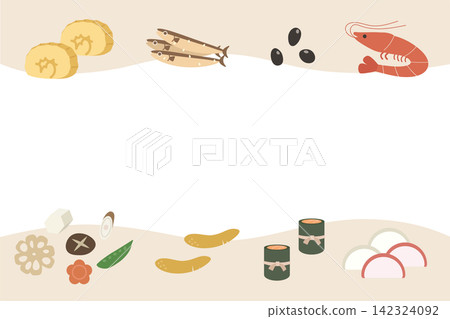 可愛的御節料理(日本新年食物)相框背景素材 可愛的御節料理(日本新年食物)相框背景素材 142324092
