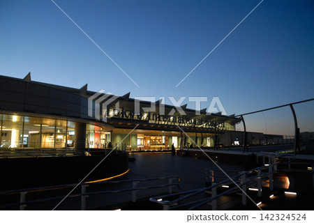 Modern architectural structures and their illuminated exteriors at dusk Modern architectural structures and their illuminated exteriors at dusk 142324524