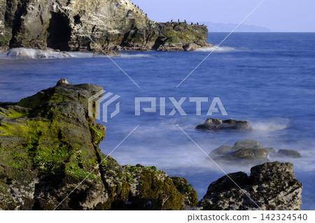 從城島海灘的岩石海岸可以俯瞰鸕鶿岬和蔚藍的大海。 142324540