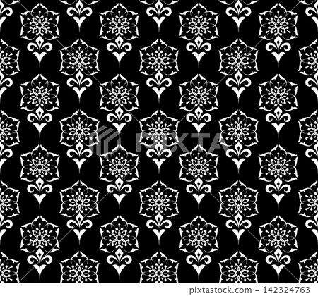 Flower geometric pattern. Seamless vector background. White and black ornament. Flower geometric pattern. Seamless vector background. White and black ornament. 142324763