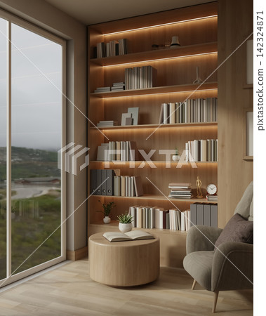 Cozy Reading Nook and Home Office with Wooden Bookshelf and Large Window Cozy Reading Nook and Home Office with Wooden Bookshelf and Large Window 142324871