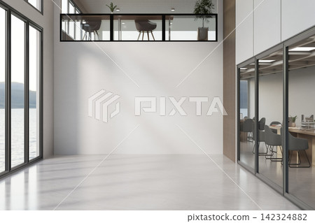Modern Spacious Office Hallway with Blank Wall Mockup and Glass Conference Room Modern Spacious Office Hallway with Blank Wall Mockup and Glass Conference Room 142324882
