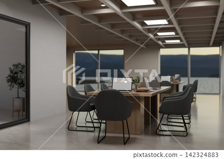 Modern Boardroom Interior with Wooden Conference Table Laptop and Scenic Water View Modern Boardroom Interior with Wooden Conference Table Laptop and Scenic Water View 142324883