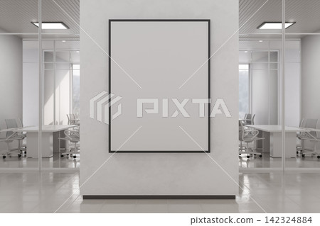 Blank Poster Frame Mockup on Wall in Modern Glass Office Interior Blank Poster Frame Mockup on Wall in Modern Glass Office Interior 142324884