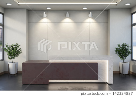 Modern Reception Desk with Marble Counter and Spotlight Wall in Office Lobby Modern Reception Desk with Marble Counter and Spotlight Wall in Office Lobby 142324887