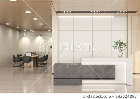Modern Office Reception Desk and Conference Room with Blank Wall Background 142324888