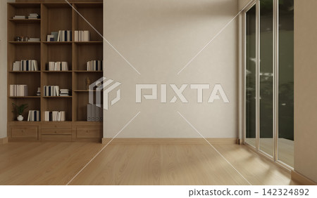 Empty Japandi Living Room Interior with Blank Wall Wooden Bookshelf and Hardwood Floor 142324892