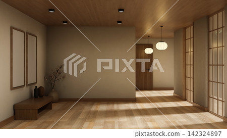Japandi Hallway Interior with Blank Frames Mockup Wooden Bench and Lantern Lamps 142324897