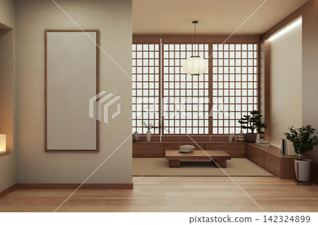 Japanese Zen Room Interior with Blank Vertical Frame Mockup and Shoji Screen Japanese Zen Room Interior with Blank Vertical Frame Mockup and Shoji Screen 142324899