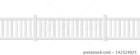 White wooden picket fence seamless pattern. Wood plank barrier for farm, park, backyard, frontward, garden, country field, palisade. Repeating short rustic enclosure border. Vector White wooden picket fence seamless pattern. Wood plank barrier for farm, park, backyard, frontward, garden, country field, palisade. Repeating short rustic enclosure border. Vector 142324925