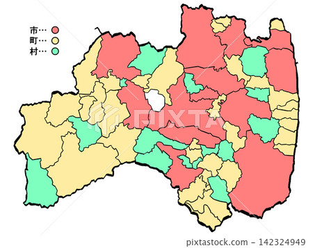 福島縣地圖:城市/城鎮彩色圖(筆觸風格)- 日式風格 福島縣地圖:城市/城鎮彩色圖(筆觸風格)- 日式風格 142324949