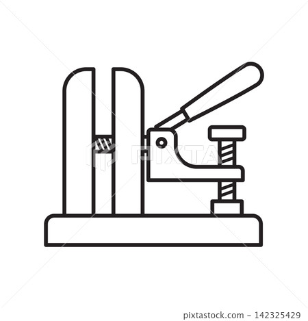 Minimalist line art icon of a tabletop stitching pony clamp for securing leather during hand sewing. 142325429