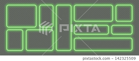 Neon glowing frames, green night banners, bright illuminated borders. Rectangular design elements. Neon glowing frames, green night banners, bright illuminated borders. Rectangular design elements. 142325509