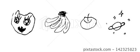 A set of monochrome hand-drawn line art featuring cats, fruit, and space. A set of monochrome hand-drawn line art featuring cats, fruit, and space. 142325823