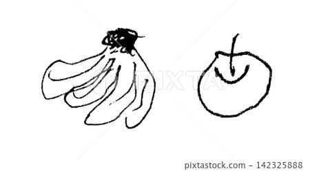 A set of monochrome hand-drawn line art of bananas and apples. A set of monochrome hand-drawn line art of bananas and apples. 142325888