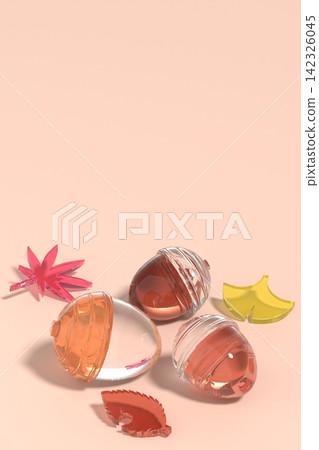 3DCG background of glass ornaments of acorns and fallen leaves, vertical orientation, with margins. 3DCG background of glass ornaments of acorns and fallen leaves, vertical orientation, with margins. 142326045