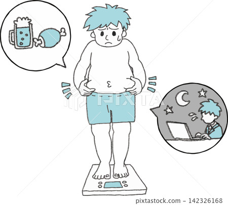 插圖描繪了一名肥胖男子站上體重秤,以及導致他體重增加的原因(代謝症候群、生活方式相關疾病、過度勞累、2 種顏色、向量圖)。 插圖描繪了一名肥胖男子站上體重秤,以及導致他體重增加的原因(代謝症候群、生活方式相關疾病、過度勞累、2 種顏色、向量圖)。 142326168