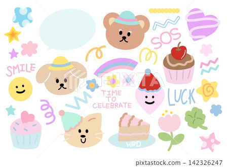 Cute pastel vectors of teddy bear, puppy, cat, flowers, cupcakes, cakes, rainbow, text box, heart, star, clover leaf for pet shop, stickers, cartoon, characters, animal expression, sweet desserts Cute pastel vectors of teddy bear, puppy, cat, flowers, cupcakes, cakes, rainbow, text box, heart, star, clover leaf for pet shop, stickers, cartoon, characters, animal expression, sweet desserts 142326247