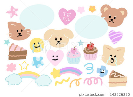 Cute pastel vector illustrations of teddy bear, puppy, cat, flowers, cupcakes, cakes, rainbow and cloud, heart, star, text box for pet shop, stickers, cartoon, characters, mascot, animal expression Cute pastel vector illustrations of teddy bear, puppy, cat, flowers, cupcakes, cakes, rainbow and cloud, heart, star, text box for pet shop, stickers, cartoon, characters, mascot, animal expression 142326250
