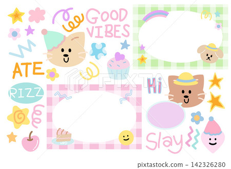 Cute pastel frames, cat, puppy, cupcake, cherry, flowers, stars, SLAY letters for background, wallpaper, text bubble, polaroid frame, banner, decorations, photo card, animal, stickers, icon, pet shop 142326280