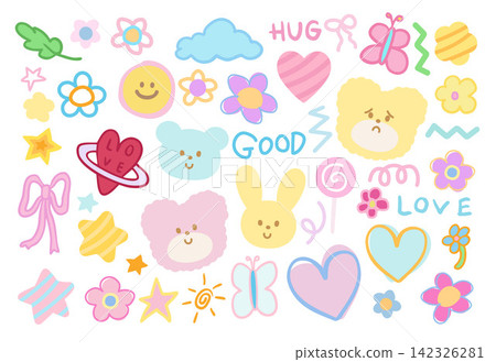 Cute pastel vectors of teddy bear, bunny, flowers, ribbon, candy, cloud, heart, star, leaf for zoo, stickers, cartoon, characters, comic, animal expression, floral print, nature, garden, patch, brooch Cute pastel vectors of teddy bear, bunny, flowers, ribbon, candy, cloud, heart, star, leaf for zoo, stickers, cartoon, characters, comic, animal expression, floral print, nature, garden, patch, brooch 142326281